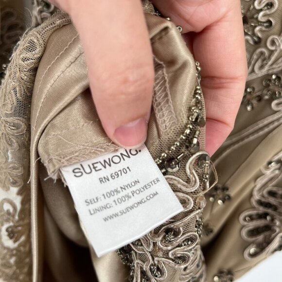 Sue Wong Nocturne Womens Beaded Knee Length Dress Gown Size 2 Tan Beige Sheer - Picture 8 of 10